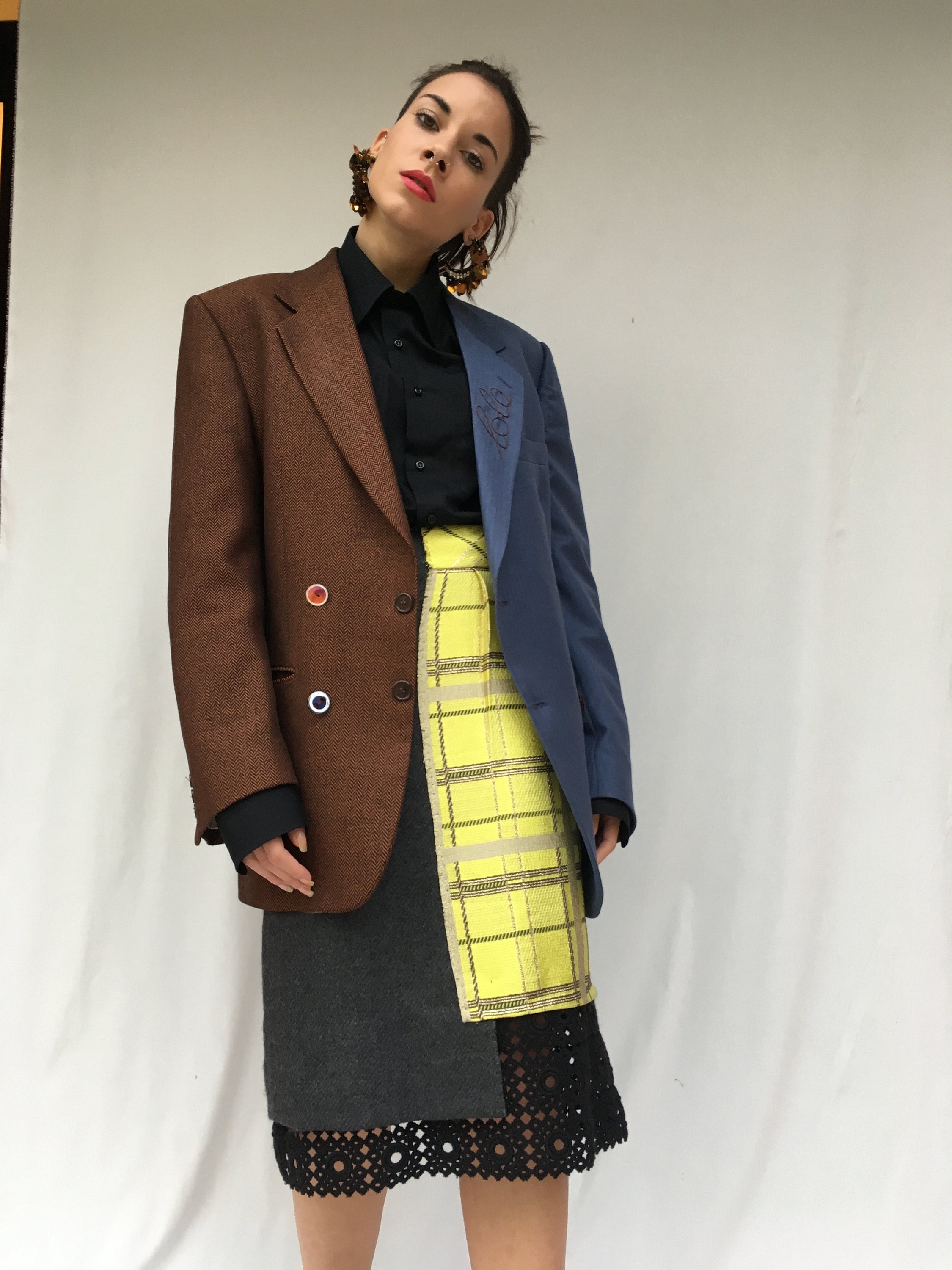 deconstructed skirt and jacket from selected vintage items. sustainability in the creative recovery of high quality waste clothing Lola darling clothing