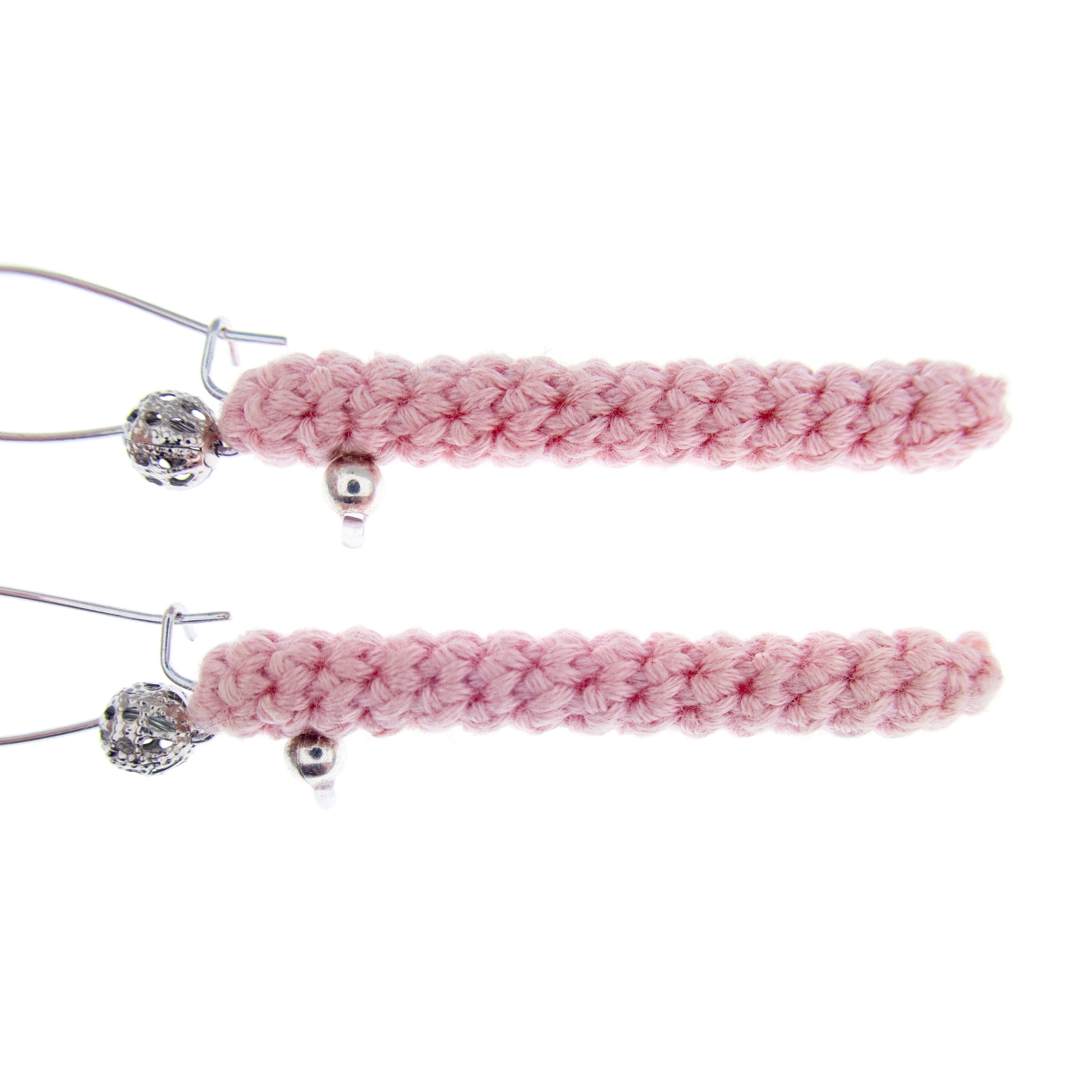 handmade pink crochet bar earrings dangle