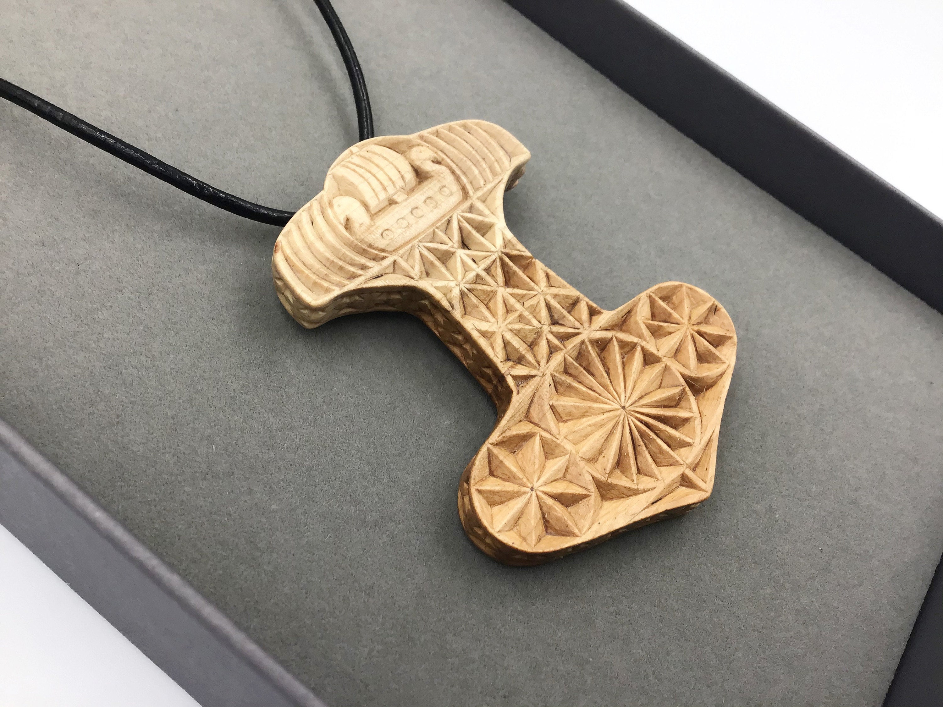Thor’s Hammer with hand carved Viking Ship design - Gorlech UK