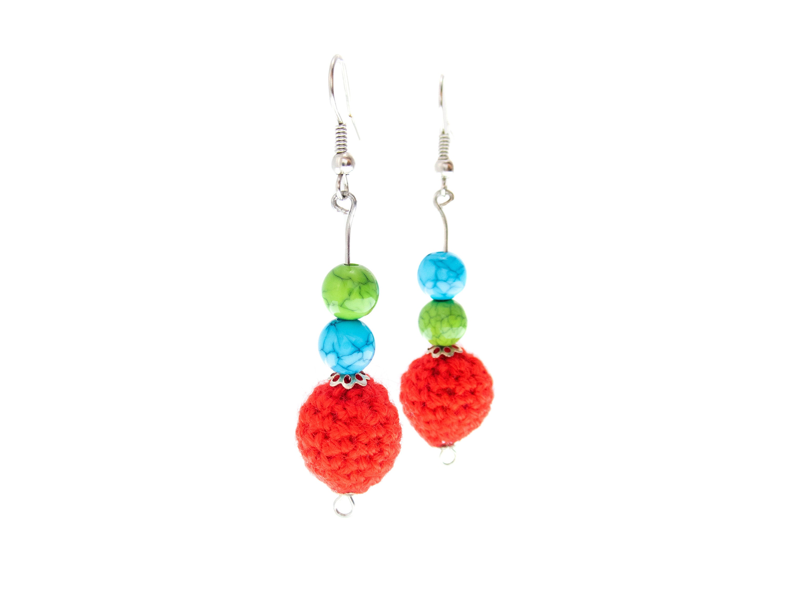 fashion statement earrings handmade of red, green, blue dangling balls