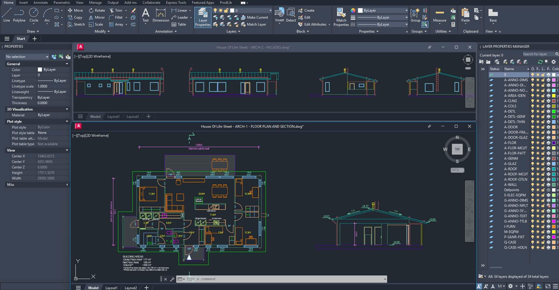 AutoCAD architectural drawing showing Nordic-style home floor plan and elevations