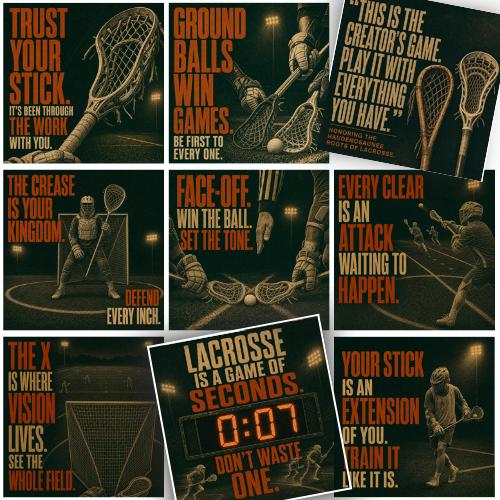 Vintage-style collage of nine lacrosse encouragement cards featuring players, sticks, a goal and scoreboard, with motivational sayings about teamwork, vision, confidence and effort.