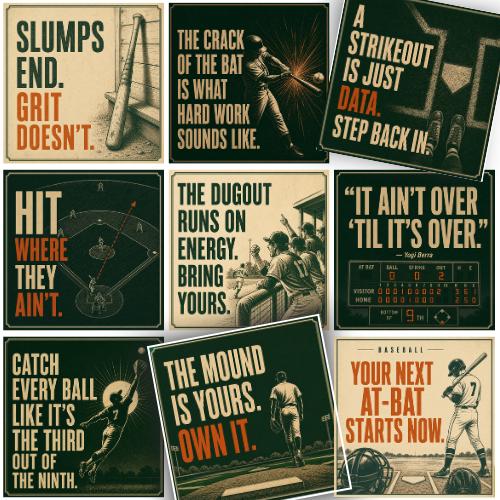 Retro collage of nine baseball encouragement cards showing batters, a dugout, baseball diamond and scoreboard, with messages about grit, energy, perseverance and preparing for the next at-bat.