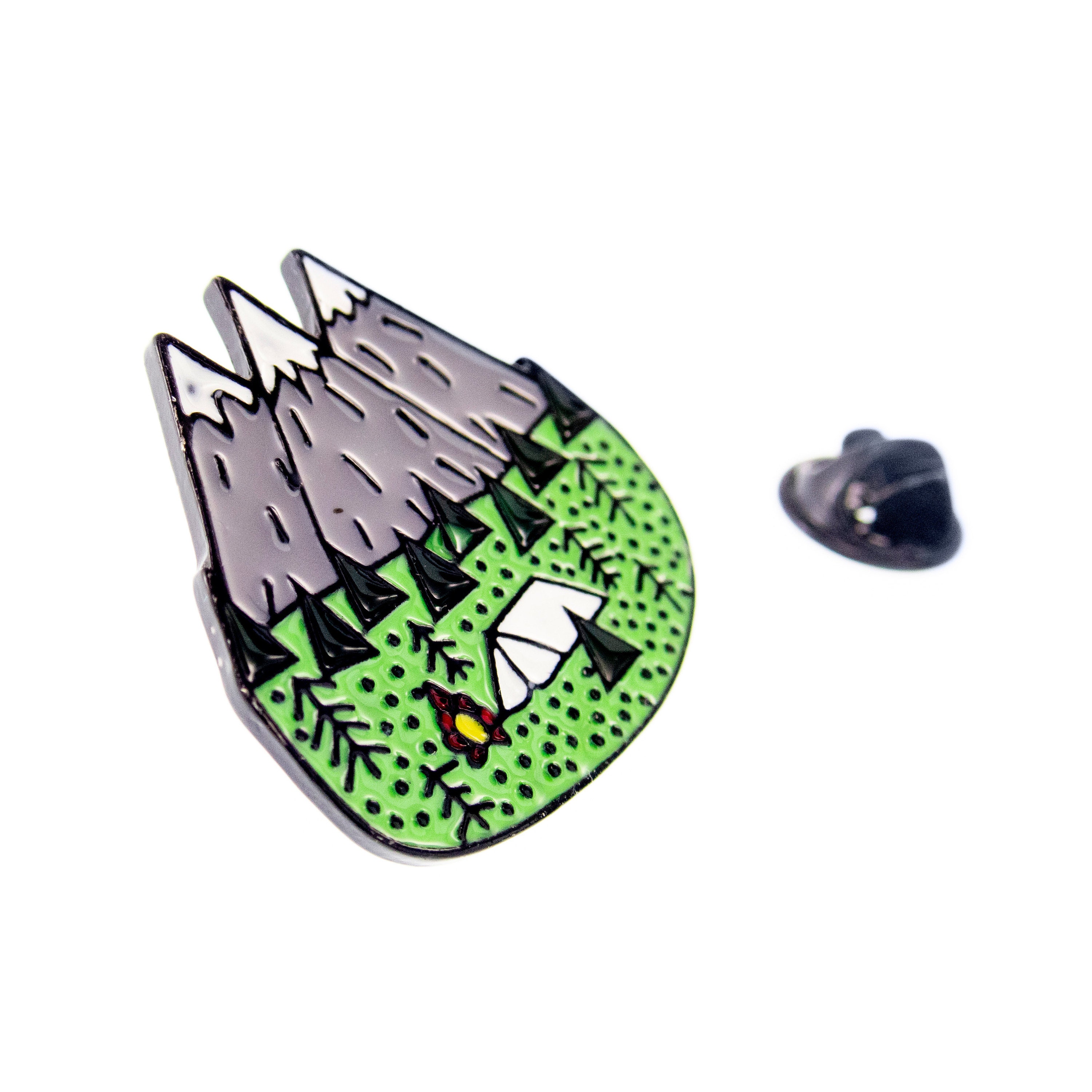 mountain brooch enamel pin with snowy mountain and a tent