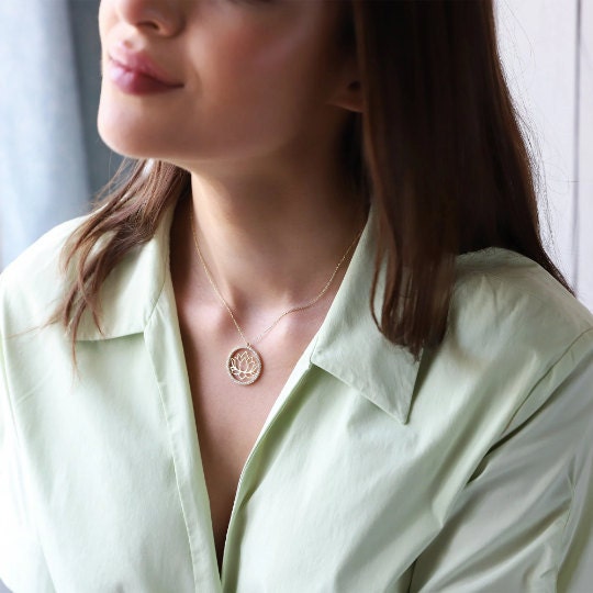 Lotus Flower Necklace with Circle Pave CZ Diamonds