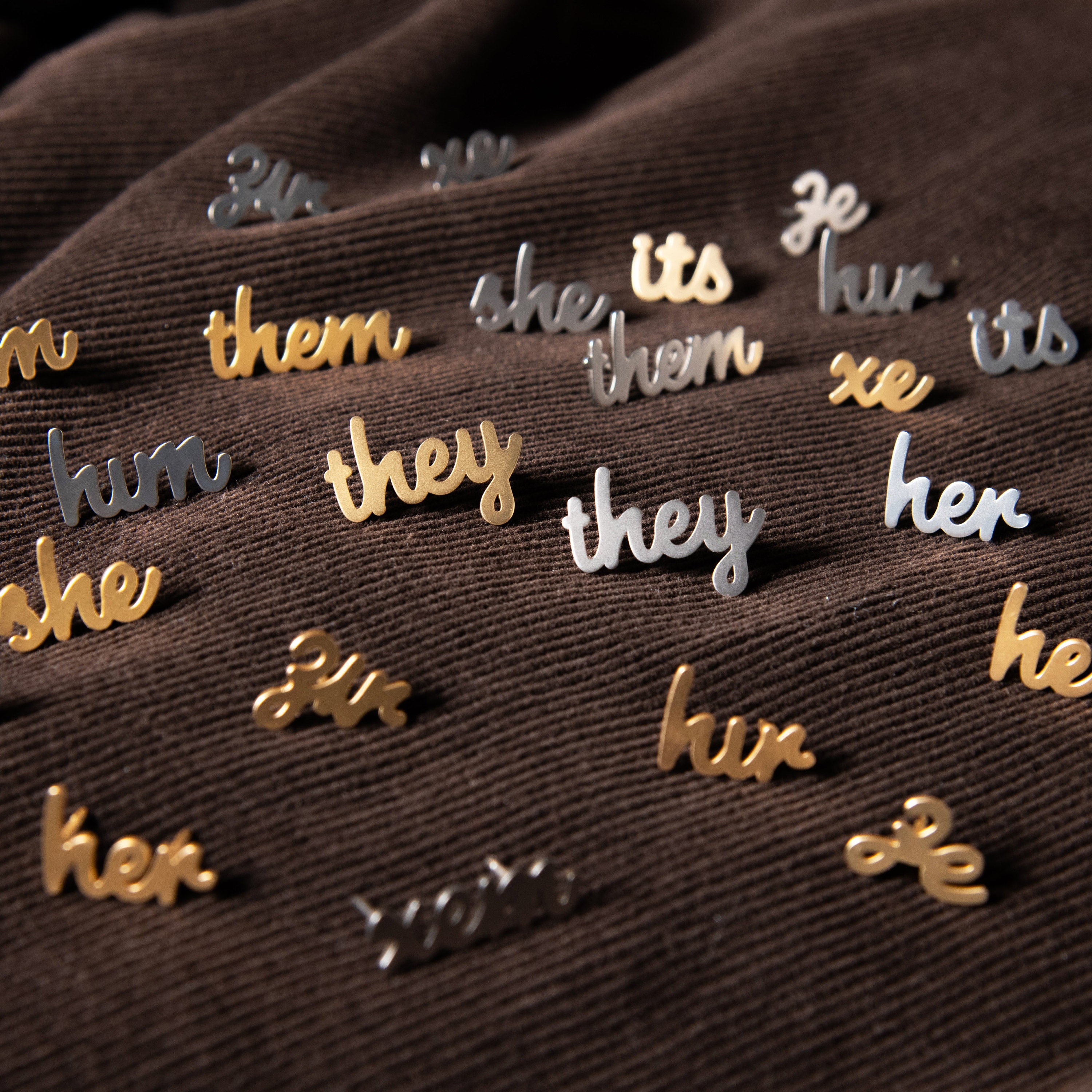 Cursive Gold Silver Pronoun Pins