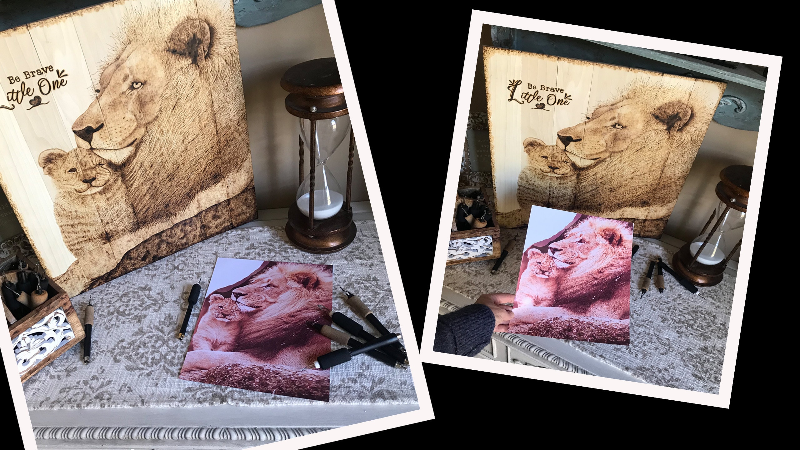 This image shows a photograph of a lion and cub that inspired me to create a wood burned renditions of the pair.