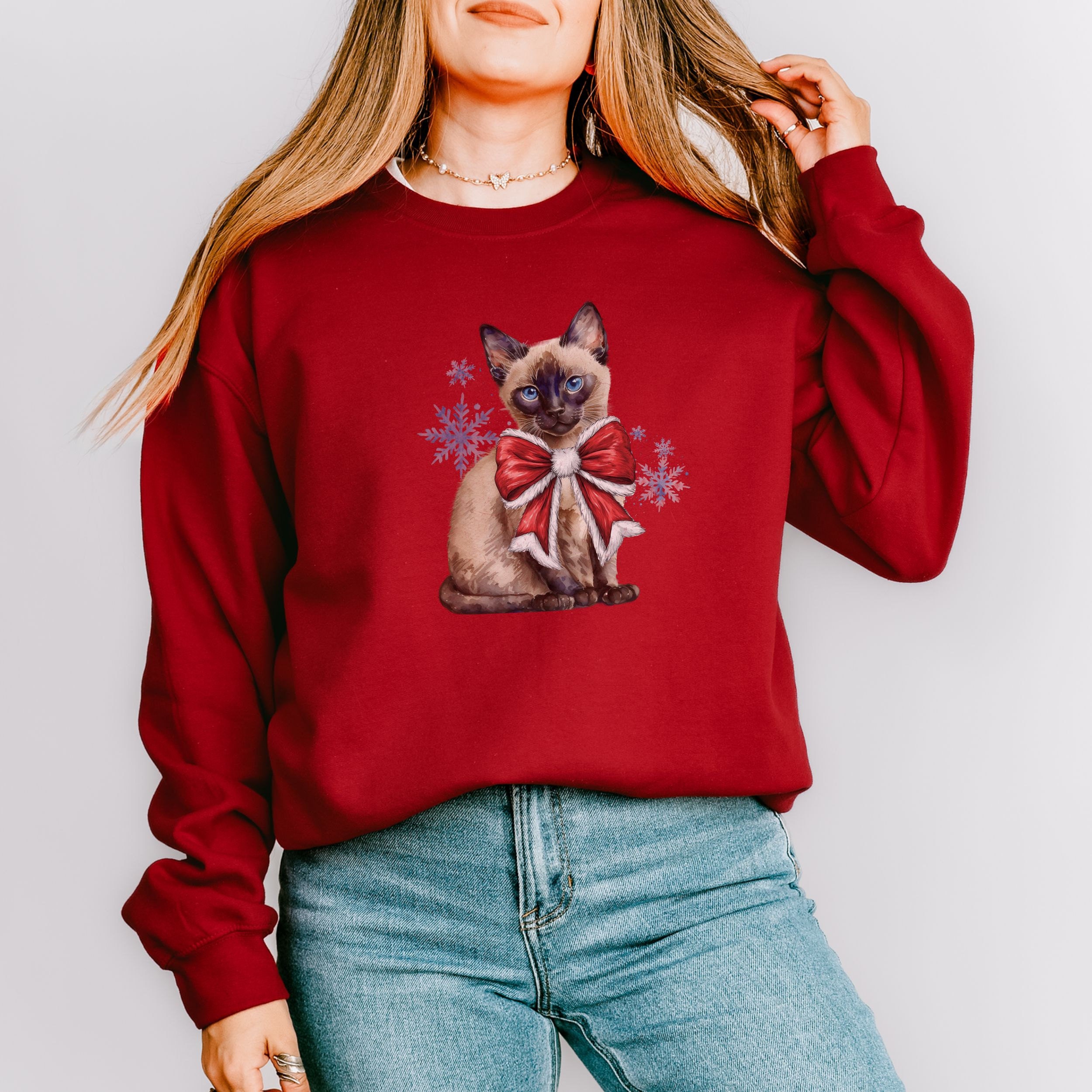 Cozy Coquette Christmas Kitty on Cardinal Red Sweatshirt for cat lovers