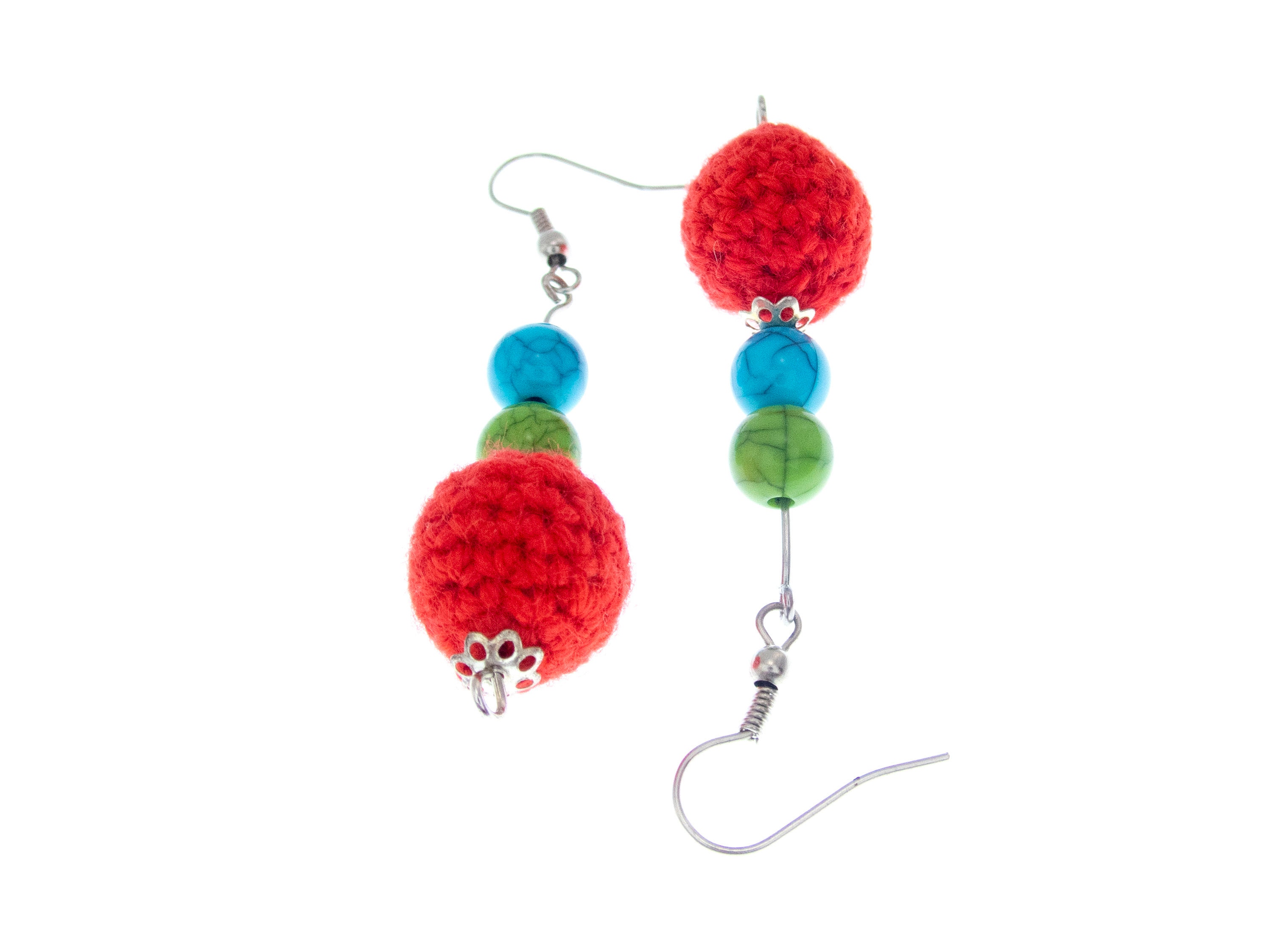 fashion statement earrings handmade of red, green, blue dangling balls