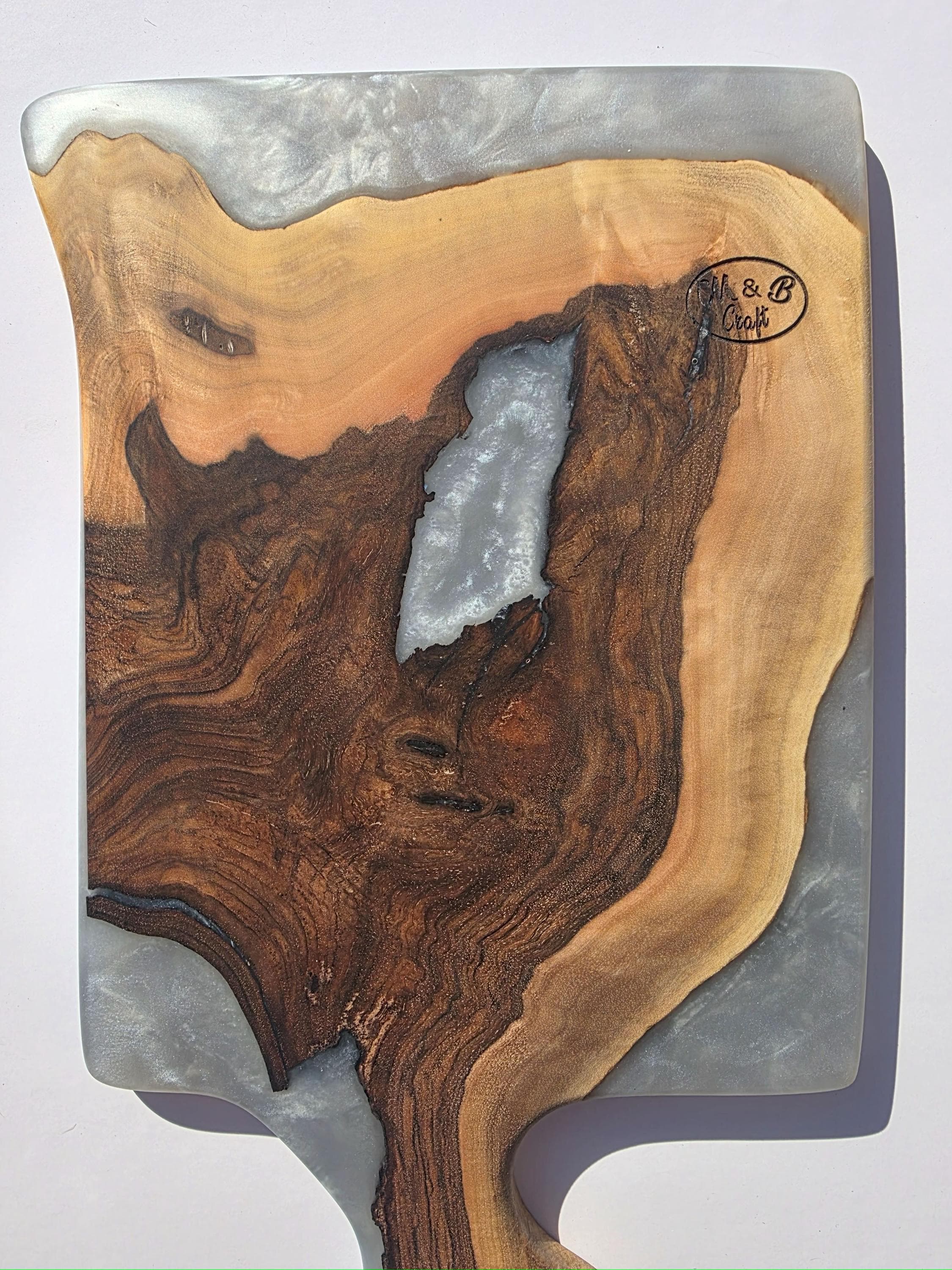 Black Walnut cutting board, Epoxy pearl white board, Walnut and resin serving board