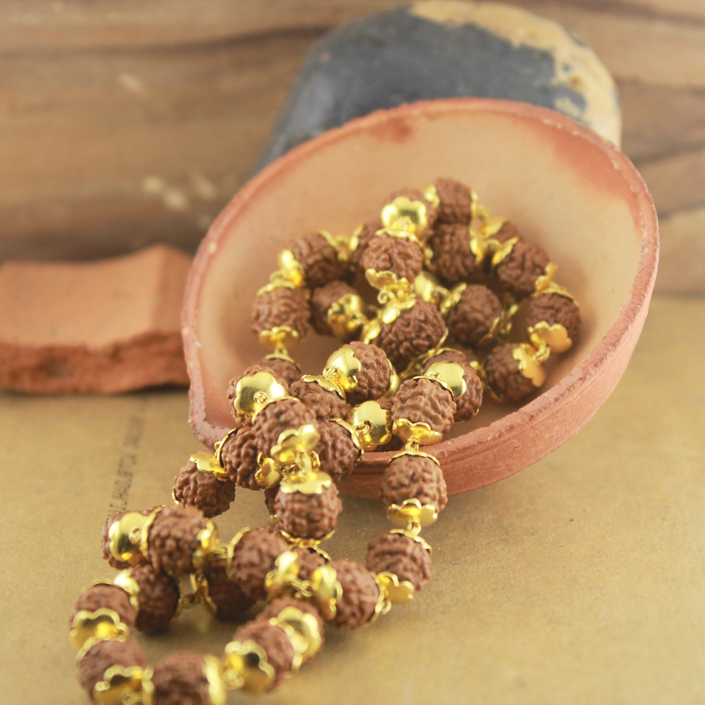 Indian Rudraksha Necklace with Gold Caps: Spiritual Elegance