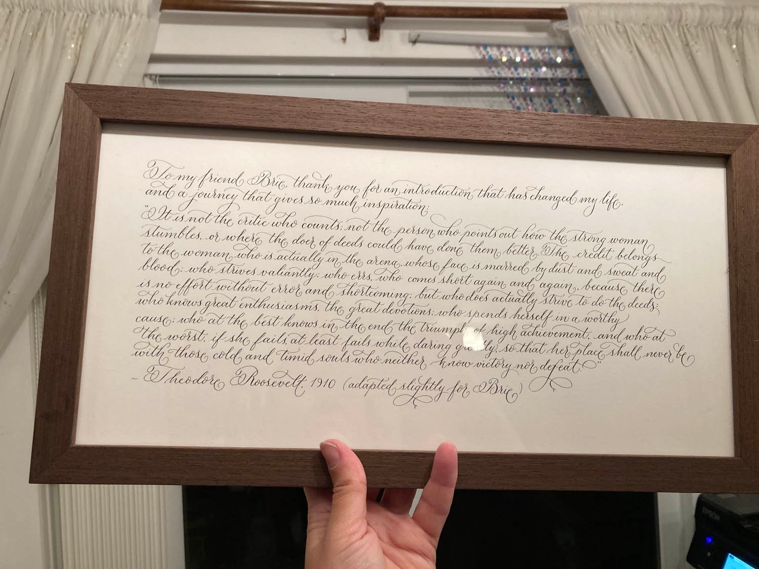 Calligraphy commission framed in the studio By Moon and Tide
