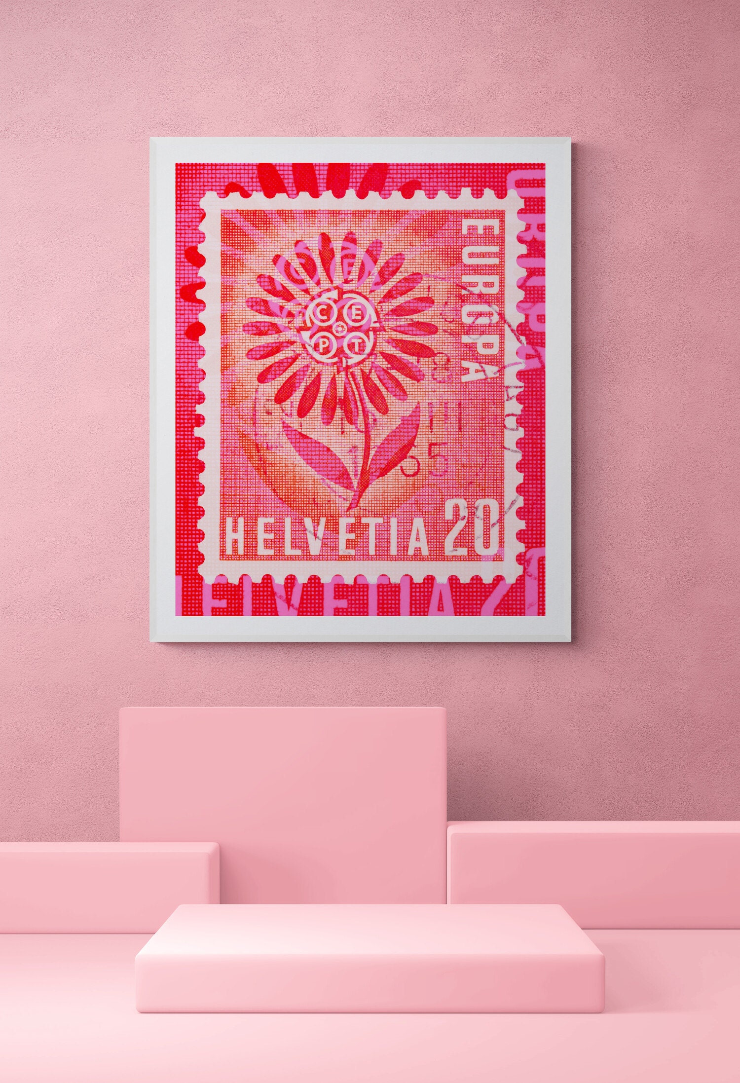 stamp collection art- postage stamp collection fine art prints- helvetia switzerland limited edition art in pink and red