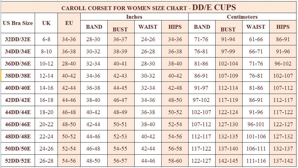 CAROLL CORSET FOR WOMEN US SIZE CHART DD CUPS