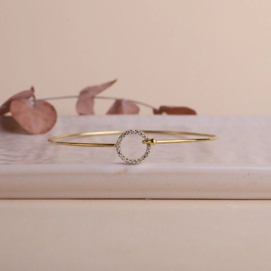Dainty Pave CZ Diamonds Open Circle Bangle Bracelet, Cute Gold Filled Bracelet, Christmas Gifts for Her