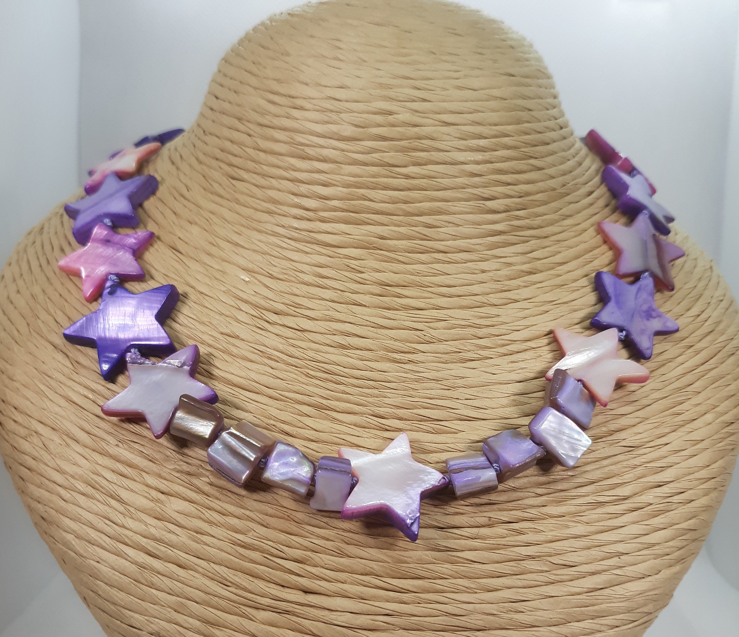 purple and pink mother of pearl carved star beaded necklace