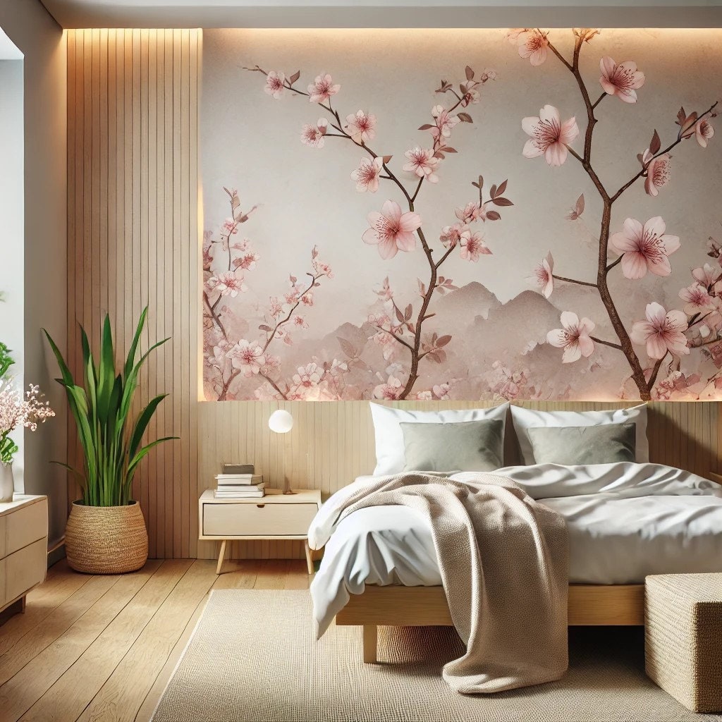 showcasing a tranquil bedroom with the Japanese Cherry Blossom wallpaper