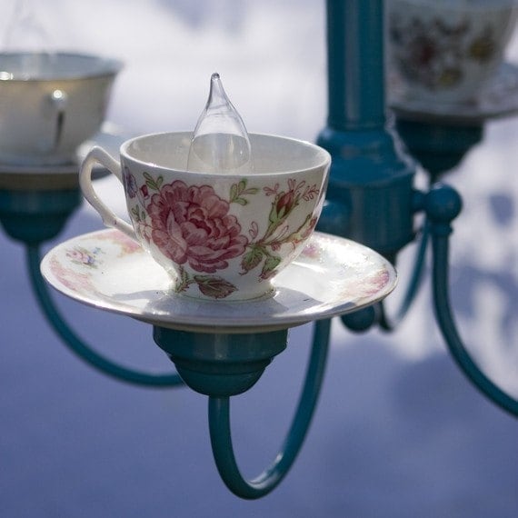 Rose Design Teacup & Saucer With Blue Coloured Chandelier