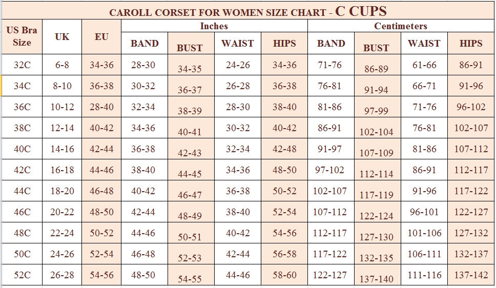 CAROLL CORSET FOR WOMEN US SIZE CHART C CUPS