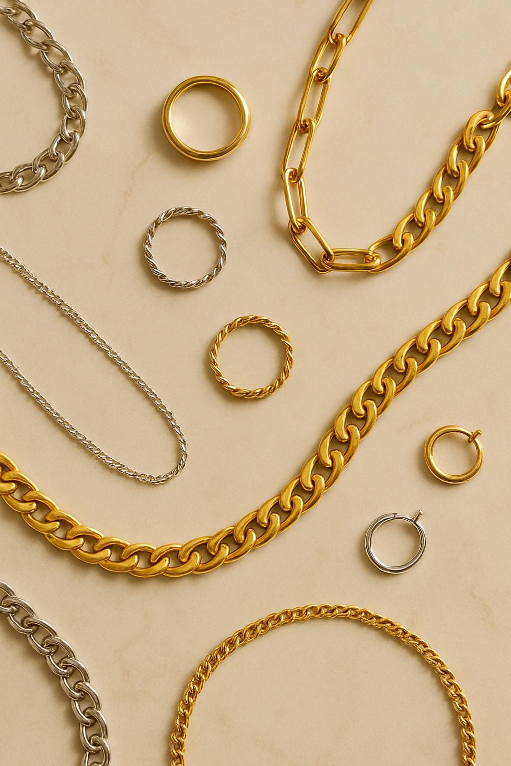 Gold and silver chains, rings, and hoops arranged on a cream marble surface.