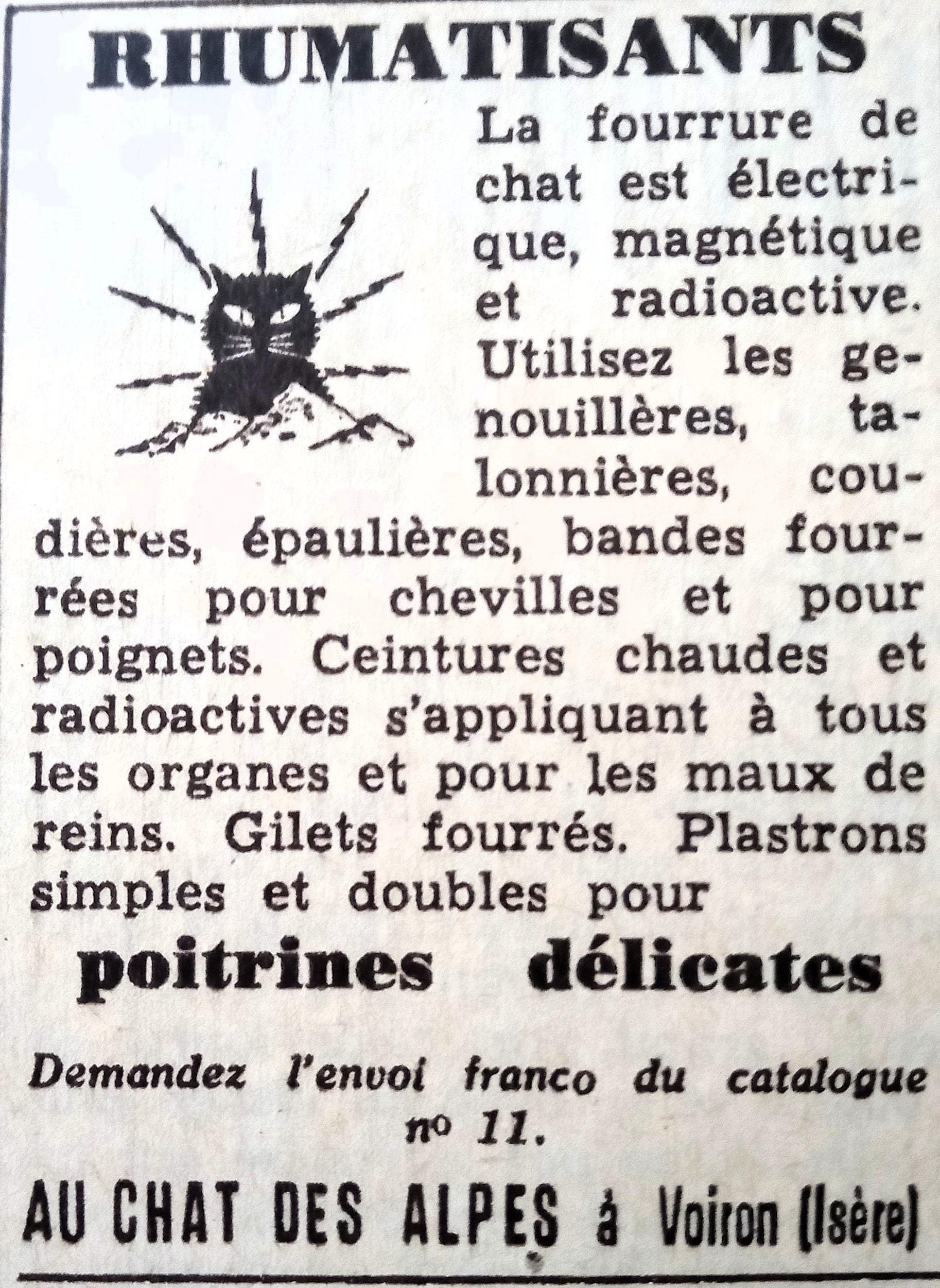 pulicite-annees-50-rhumatisme-bandes-ceintures-chaudes-aux-poils-de-chat-radioactifs