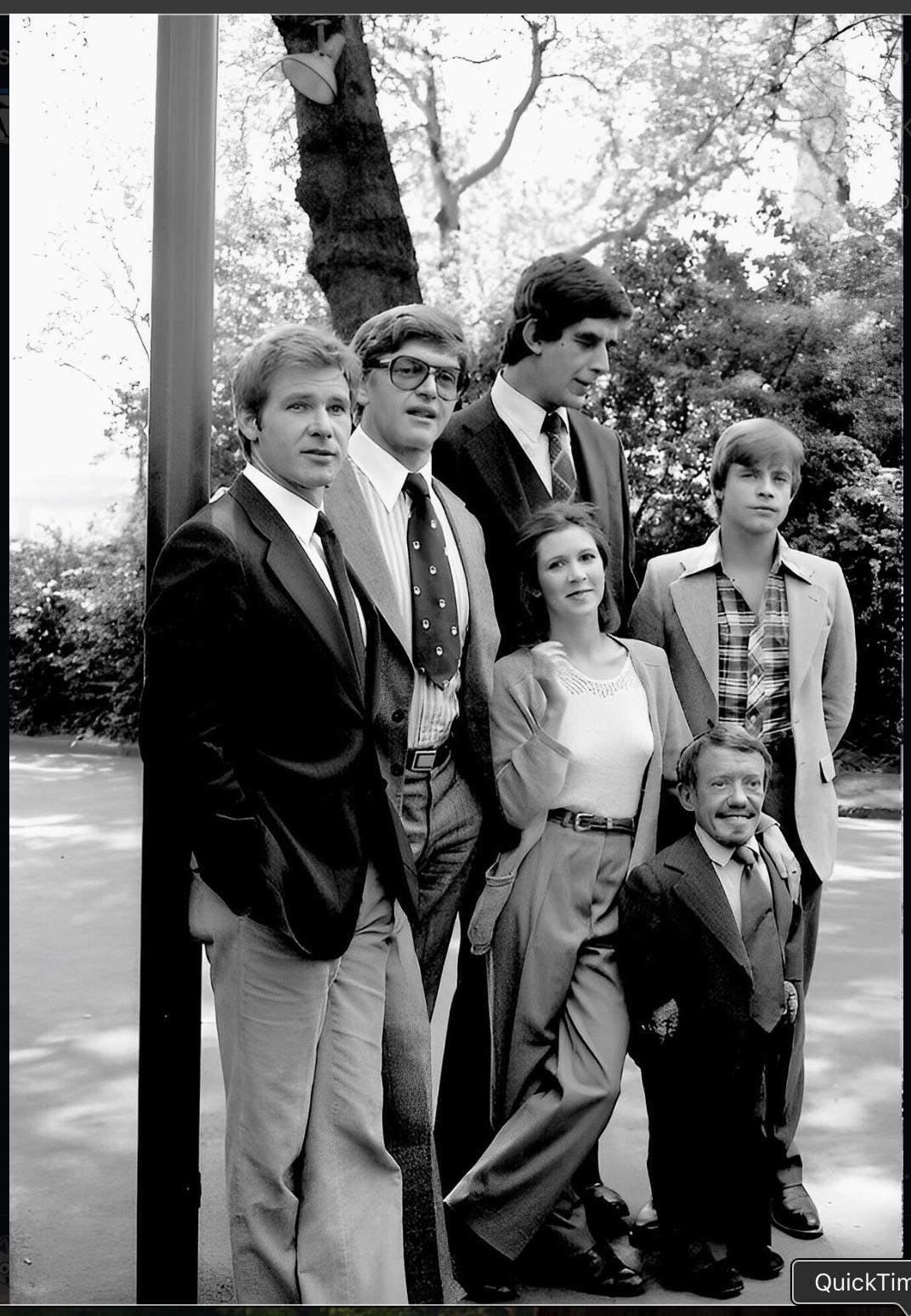 The cast of “STAR WARS: Episode V – THE EMPIRE STRIKES BACK” Harrison Ford, David Prowse, Carrie Fisher, Kenny Baker, Peter Mayhew and Mark Hamill attend a publicity event outside the Savoy Hotel in London, 19th May 1980