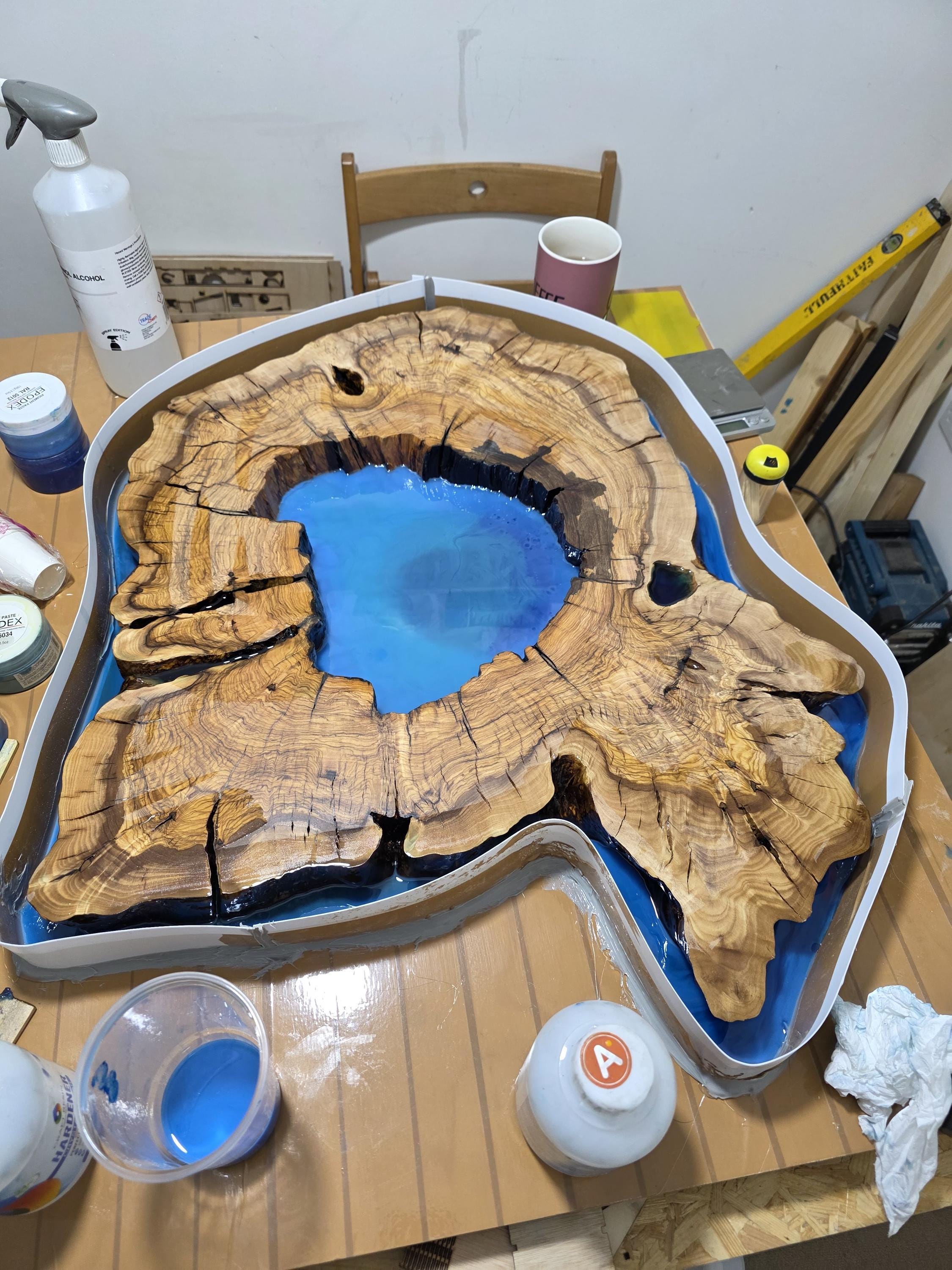 Olive wood slab, Blue epoxy resin