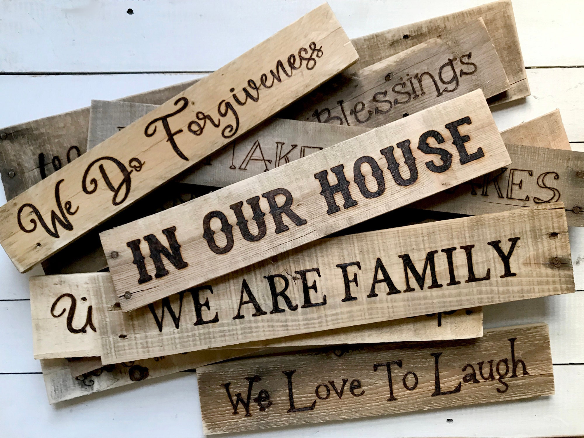 Handmade Family Rules Wood Wall Art. Artwork Wood burned by hand onto reclaimed wood planks.