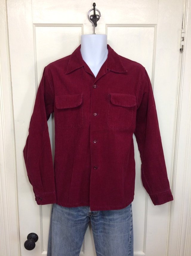 1940s dark magenta burgundy corduroy loop collar shirt by Nelson Paige, size medium