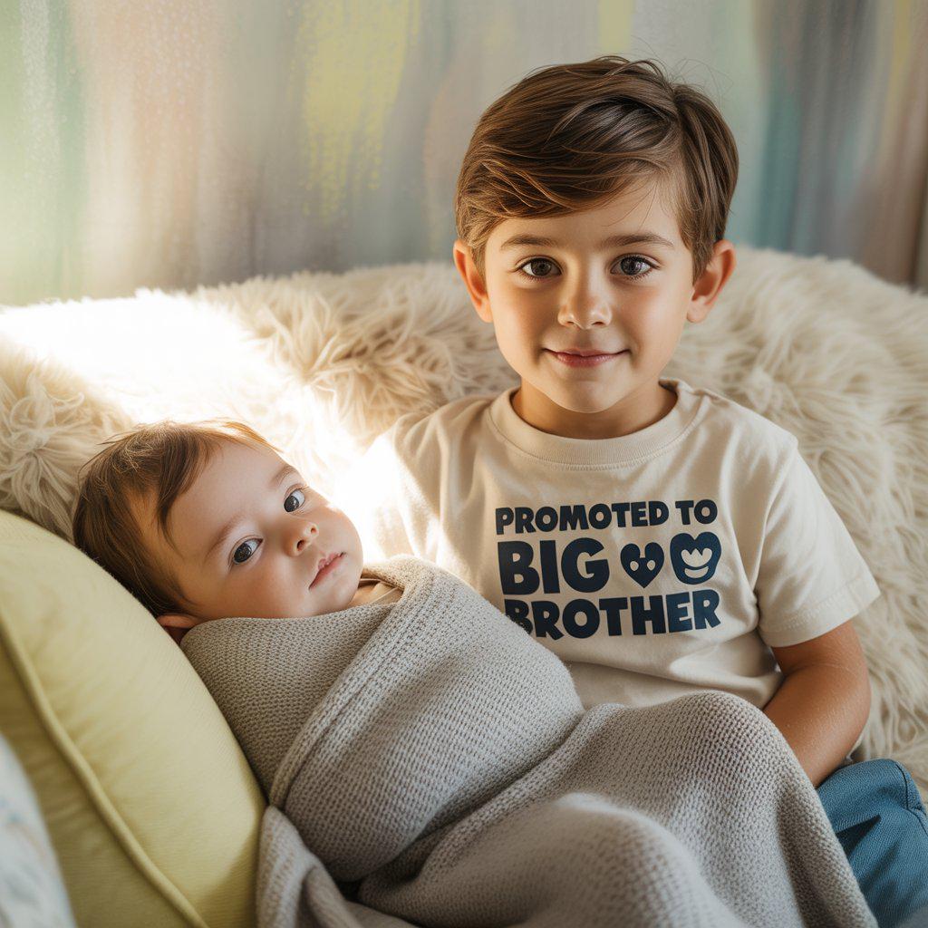 Flat lay of a grey V-neck “Promoted to Big Brother” T-shirt with baby shower decorations and gift box