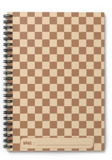 A tan and brown checkerboard notebook with a “NAME :” label at the bottom left corner, ideal for organization. It features a black spiral binding.