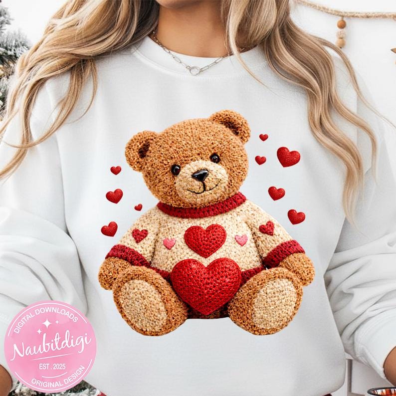 Valentine’s Day Crochet Teddy Bear PNG – Love Heart Bear Sublimation Design (Digital Download)