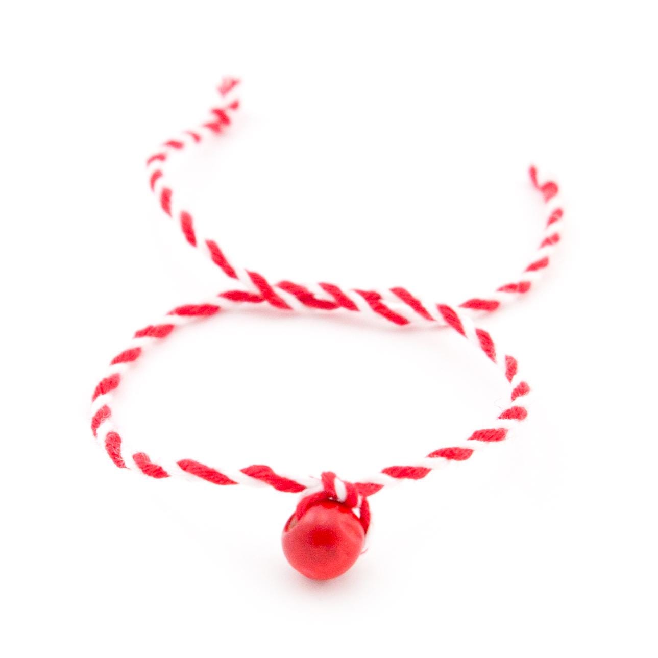 Authentic Martenici red and white cotton bracelets with wooden beads, pack of 10