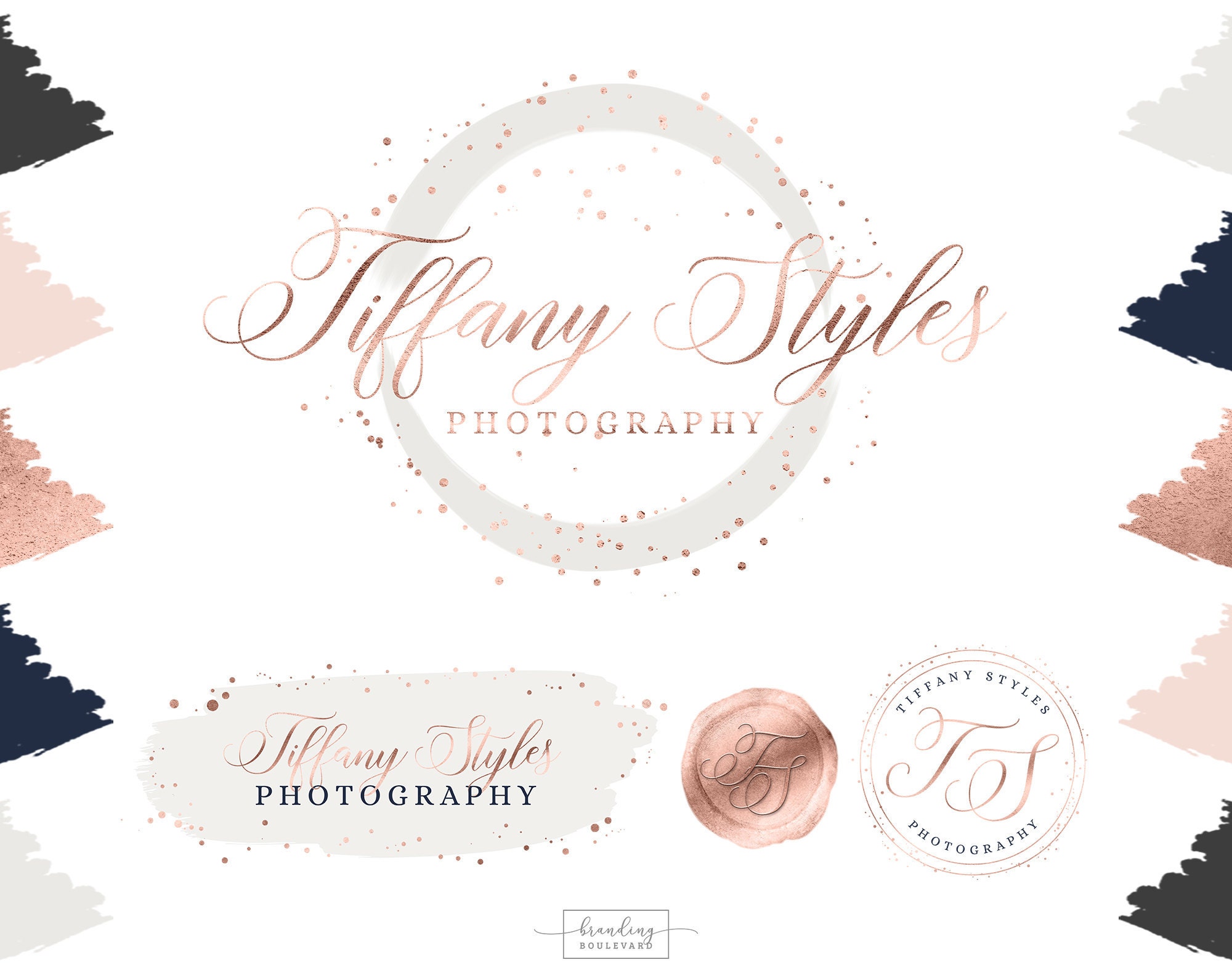 Rose Gold Blush Pink Light Gray and Navy Blue Company Logo - With Brush Strokes, and Wax Seal Look Logo