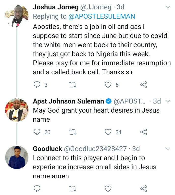 Apsotle Suleman prays for a man seeking a job via Twitter