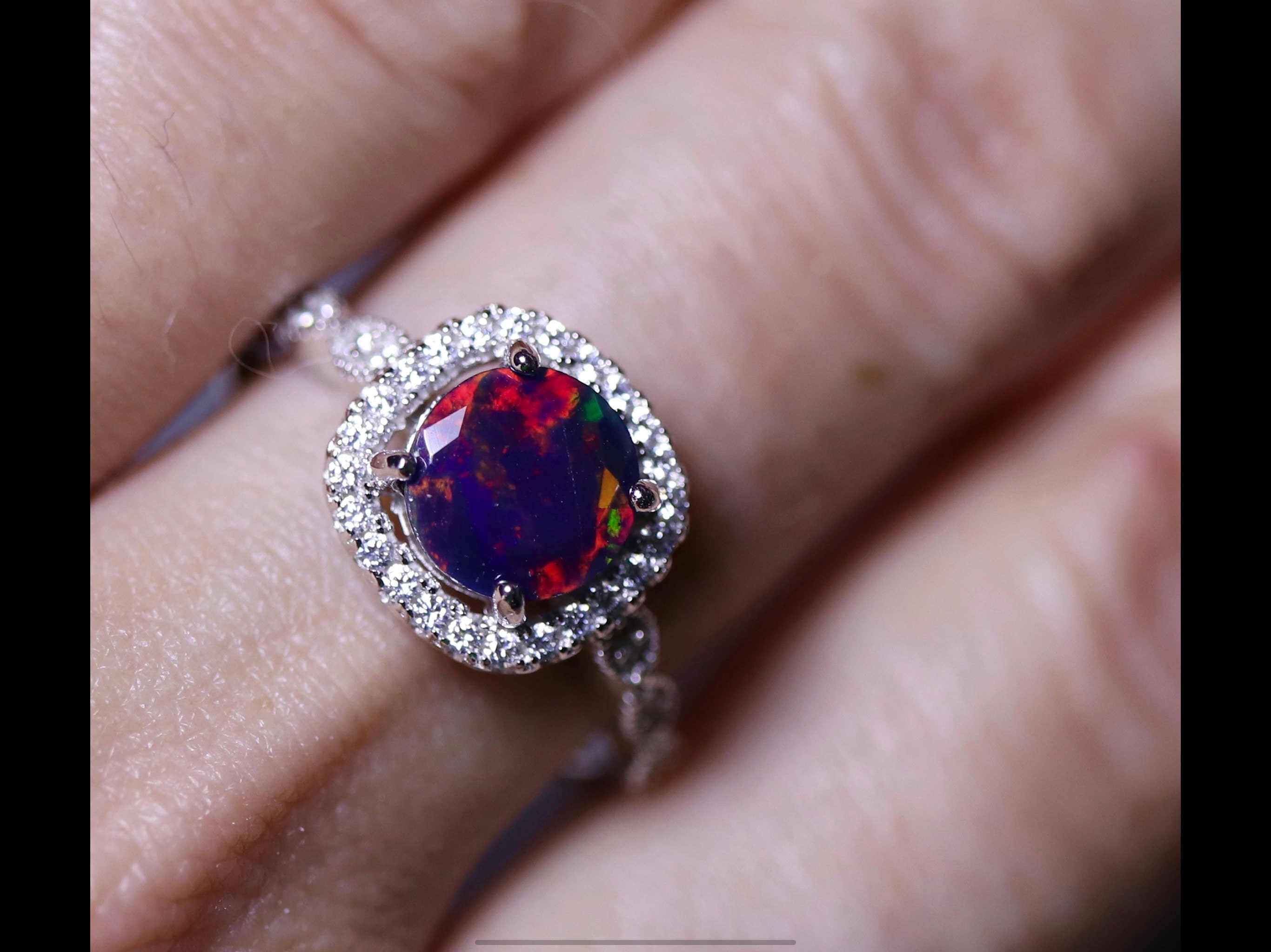 Sterling silver black opal engagement ring setting with matching band