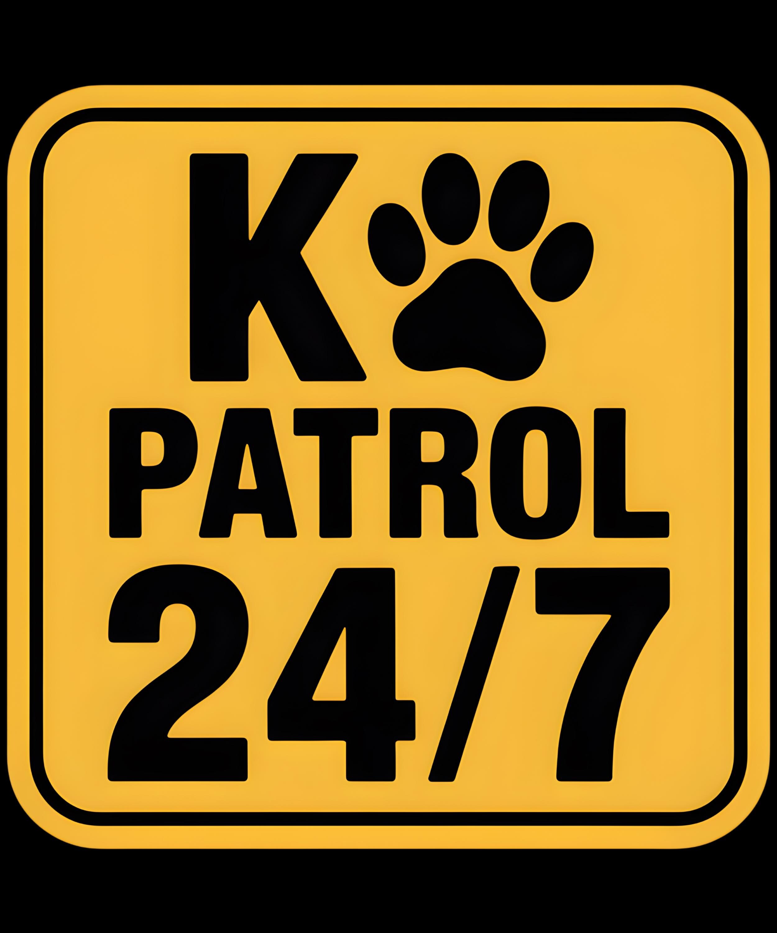 K9 Patrol 24/7 tactical warning dog decal with black and yellow security-style design