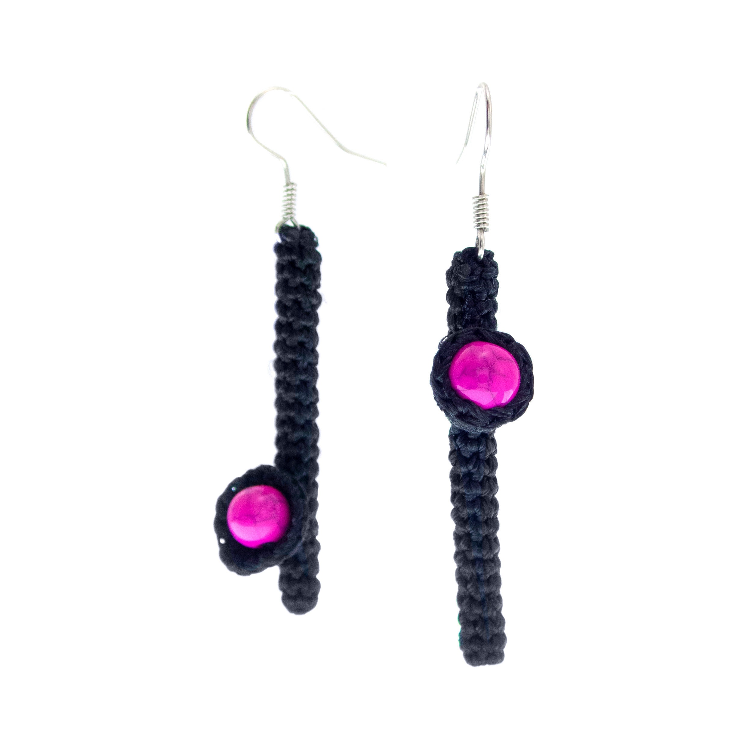 handmade mismatched earrings dangle in black and pink