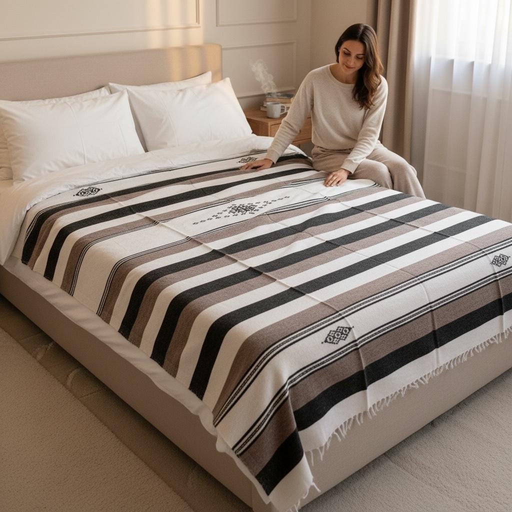 Figure 17. Bedroom styling — as a bedspread, wrapped around a neutral bed. Calm, warm, and quietly expensive without saying anything.