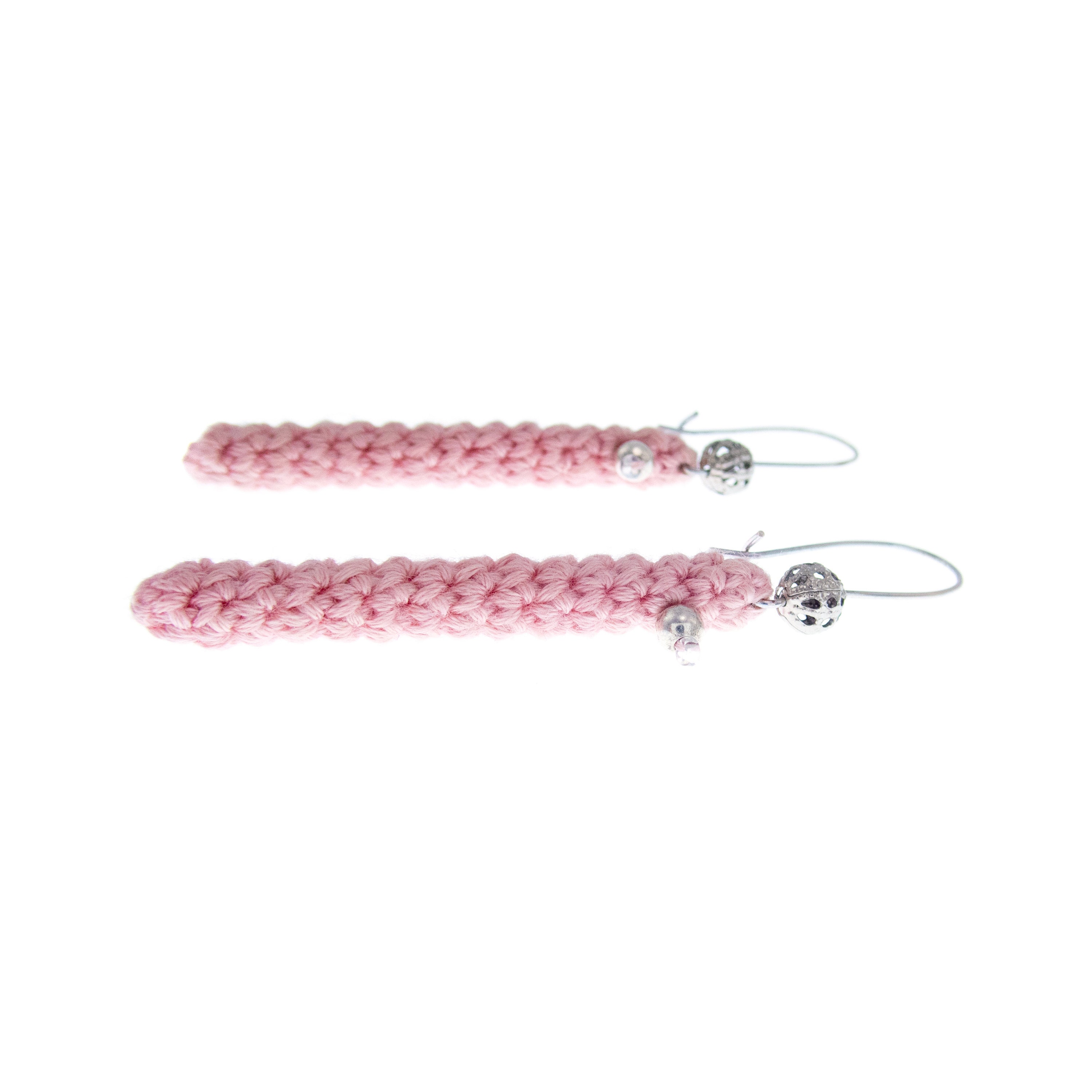 handmade pink crochet bar earrings dangle