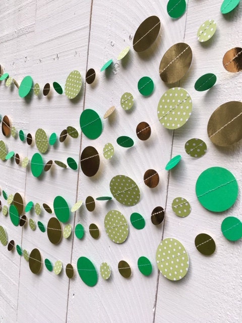 Green and lime green polka dot and gold glitter circles sewn into a St. Patricks Day garland decoration