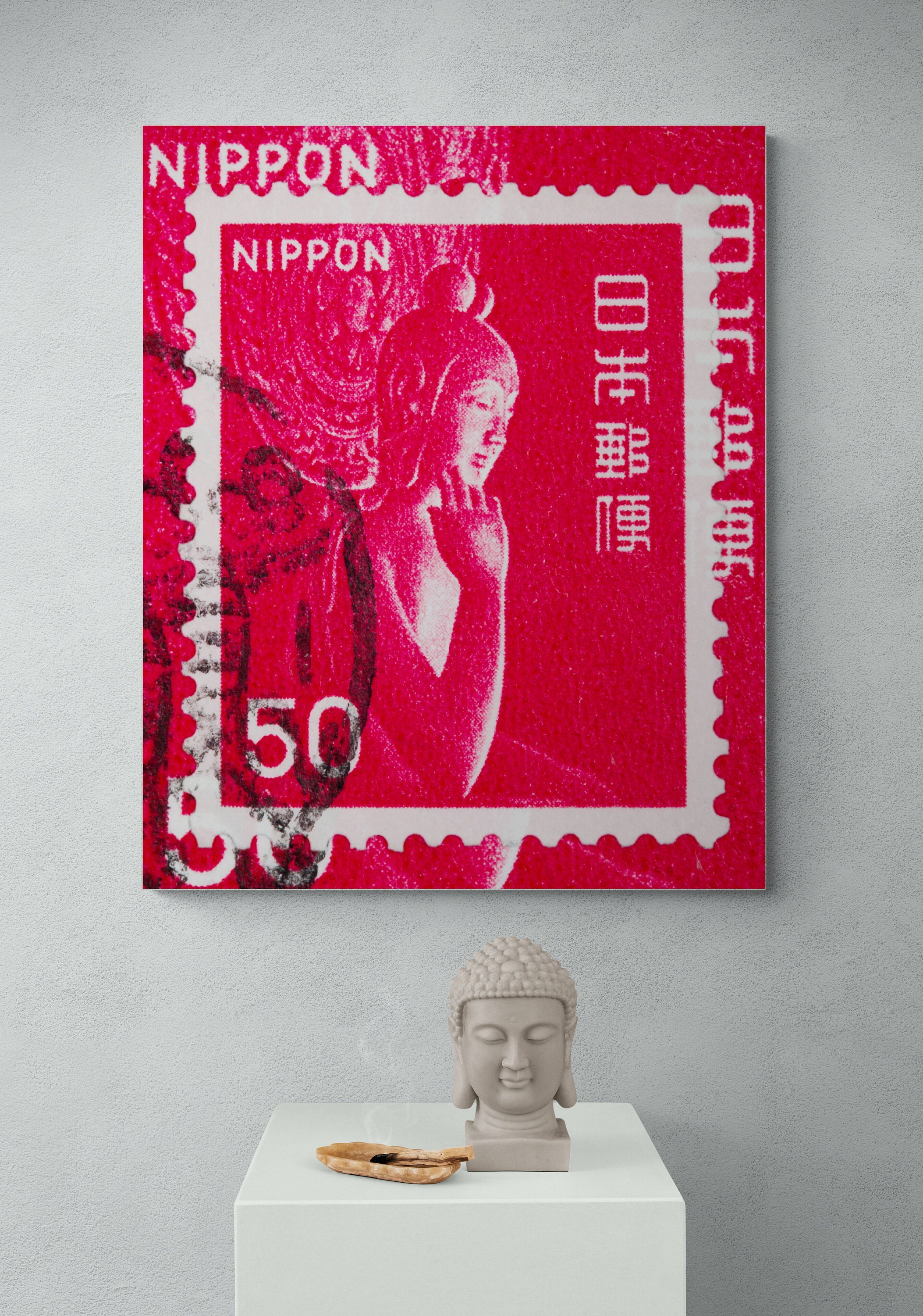 Japanese fine art print of Buddha in red- japanese contemporary art of red buddha- Nippin fine art print of Buddha created from vintage postage stamp by deborah pendell