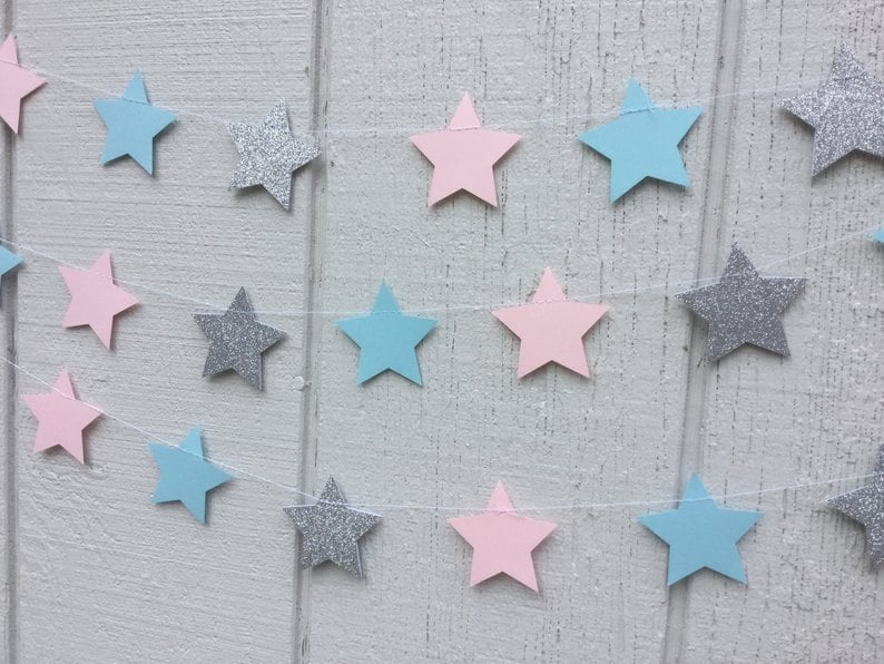 star garlands in pink light blue and glitter silver