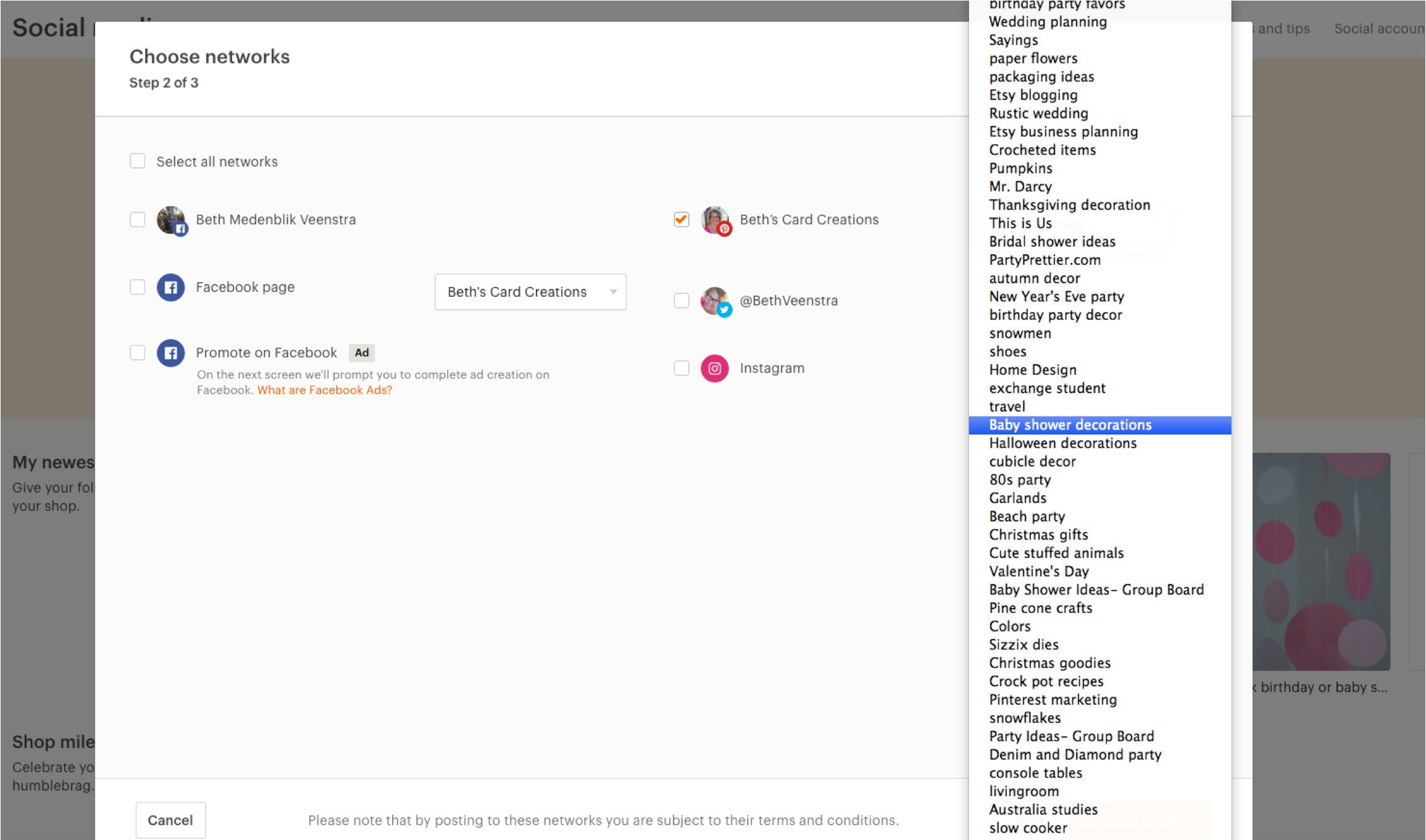 This is the Choose Networks menu under Social Media on Etsy