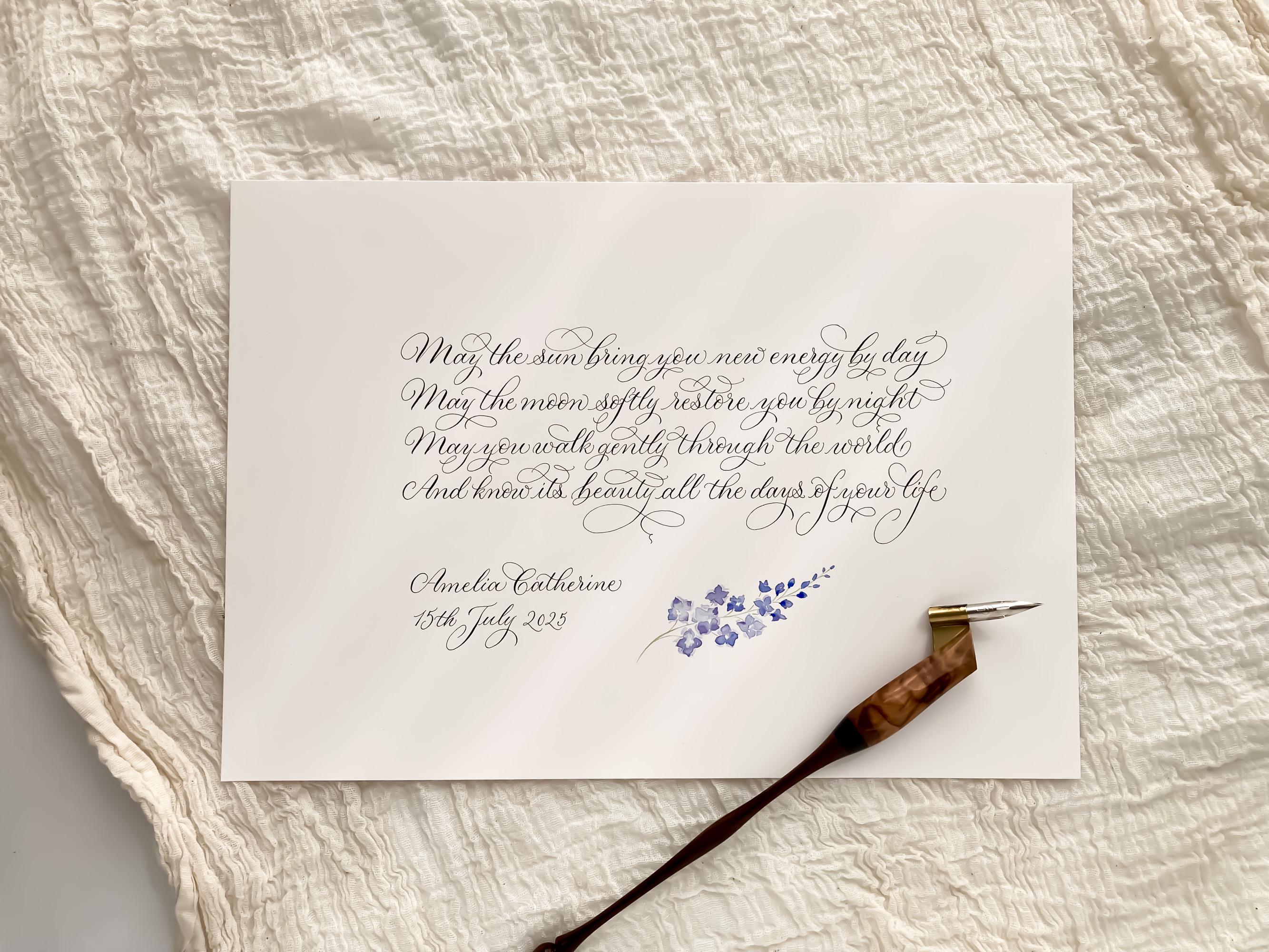 A short christening gift in calligraphy by Claire Gould at By Moon and Tide UK