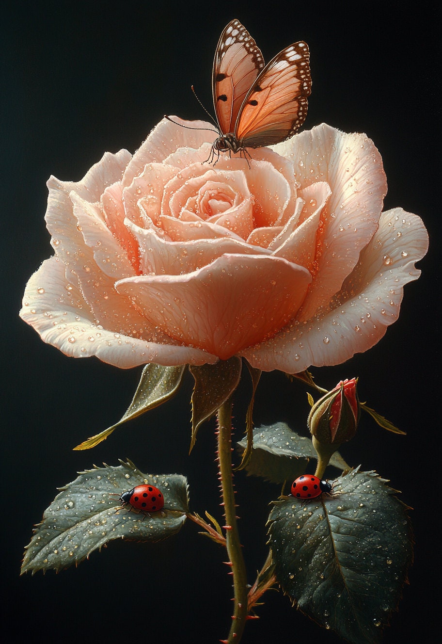 An image in the style of Johanna Helena Herolt of a rose with ladybirds and a butterfly