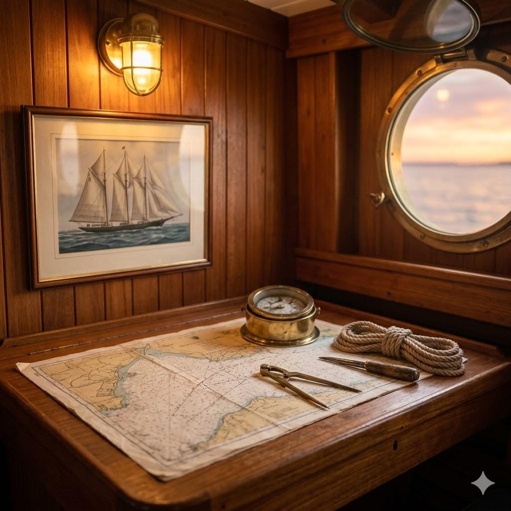 A wooden navigation table inside a yacht cabin featuring a vintage nautical chart, a polished brass compass, metal dividers, and a coiled rope. Golden sunset light streams through a round porthole on the right, illuminating the rich teak walls and a framed print of a schooner hanging beneath a brass wall lamp.