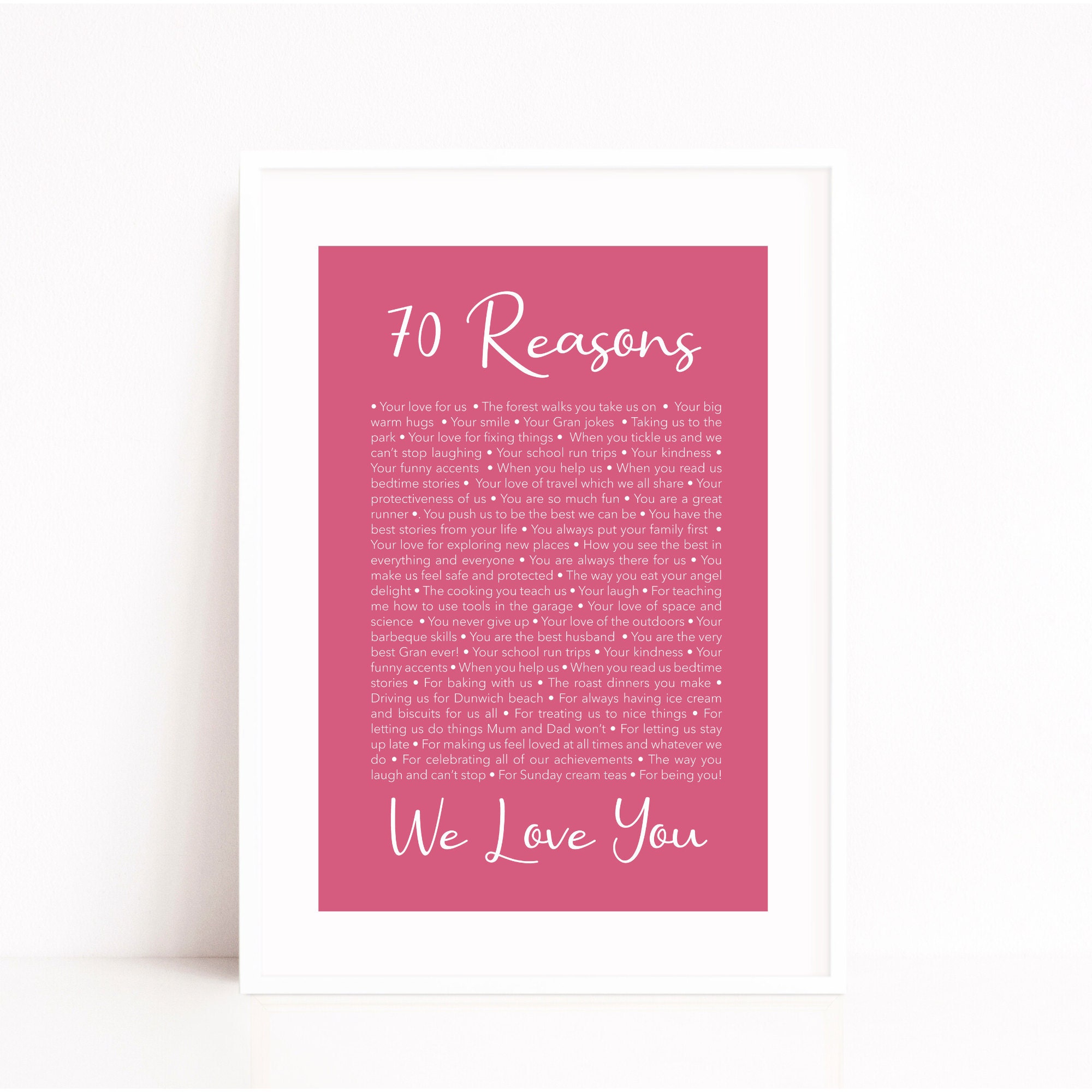 70th birthday gift reasons why I love you print
