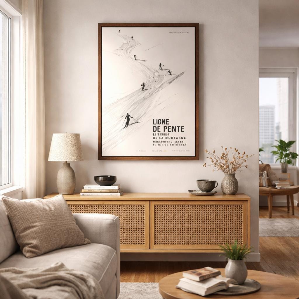 A framed black-and-white ski poster titled “Ligne de Pente” hangs on a pale wall in a minimalist city rental flat. Below it sits a light wood sideboard with woven cane doors, styled with a ceramic lamp, stacked books, bowls and dried stems. The room features warm wooden flooring, soft neutral furnishings and natural light from a nearby window, creating a calm, modern atmosphere.