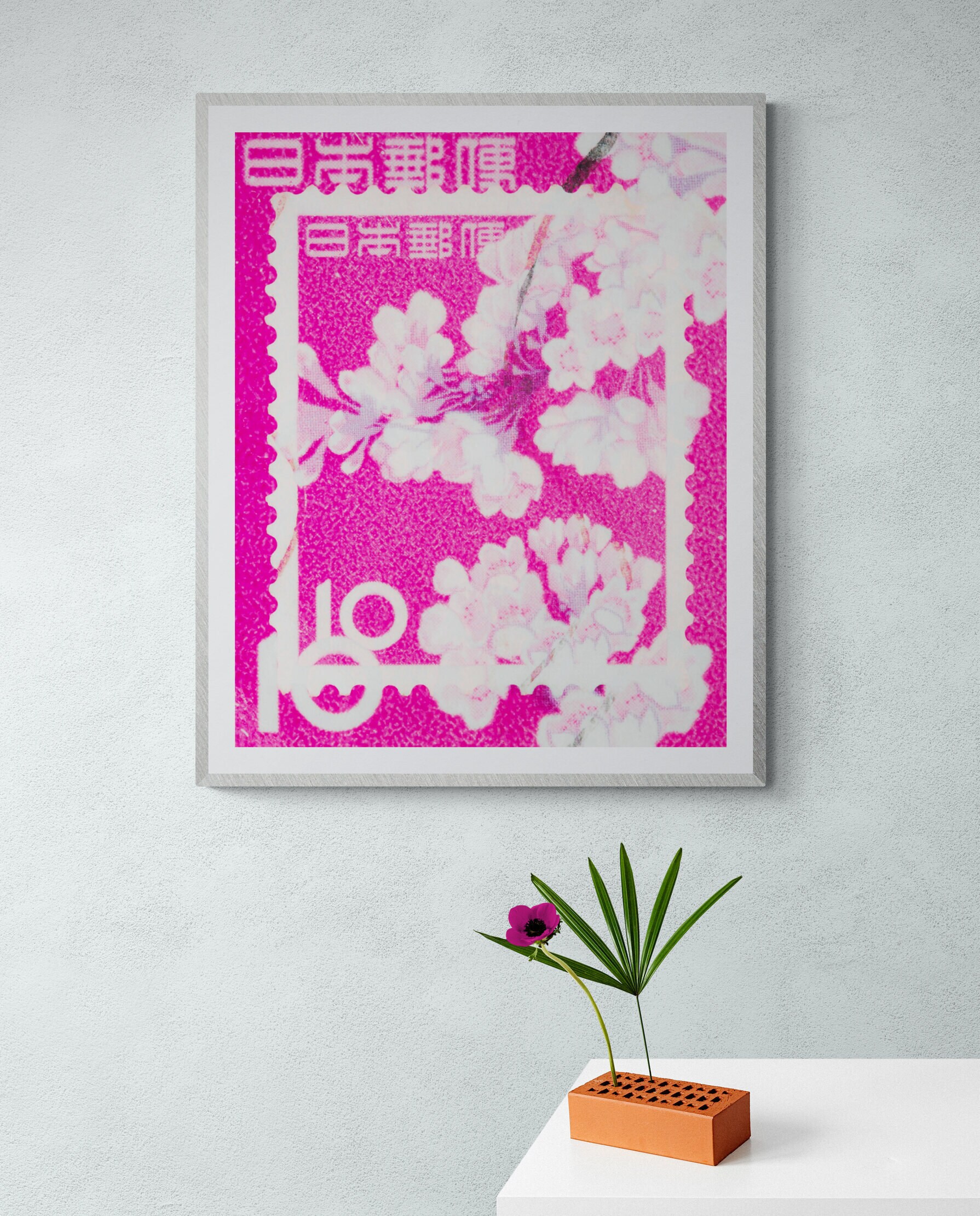 Stamp Collection Art- japan stamp nippon at- pink vintage postage stamp art- japanese cherry blossom art